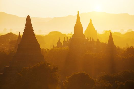 Scenic view of ancient Bagan temple during golden hour 