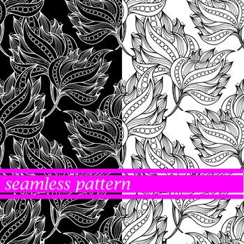 set of seamless pattern with black and white flowers. 