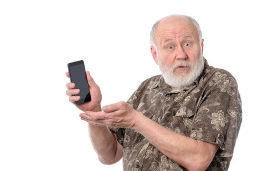 Senior upset bald and bearded white haired man showing something at smartphone screen, isolated on white background