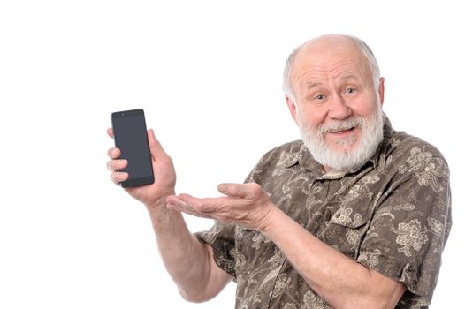 Senior upset bald and bearded white haired man showing something at smartphone screen, isolated on white background