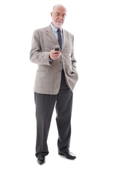 Portrait of mature business man with cellphone isolated on white background