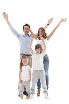 Happy family with raised hands up isolated on white background