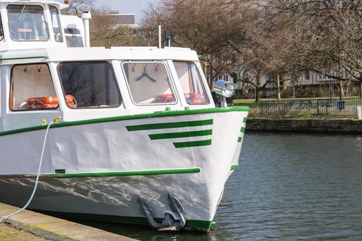 Front View,Sightseeing boat of the White Fleet at berth in Mülheim, Germany.