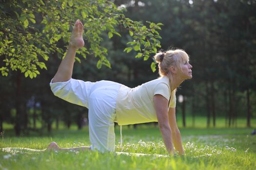 Beautiful mature woman practice yoga in summer park