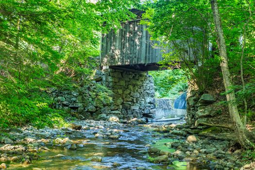 The Prentiss Bridge is the smallest bridge in New Hampshire at a length of only 36 feet. Spanning the Great Brook on the Old Cheshire Turnpike near the town of Langdon, New Hampshire, it was built in 1791 at a cost of 6 pounds.