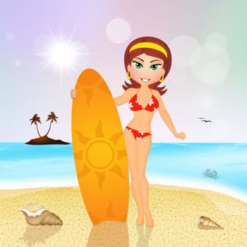 illustration of girl with surf in summer