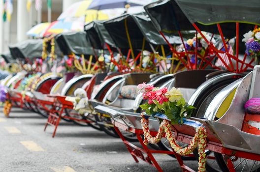 Pahang, Malaysia. Vintage Trishaw stop beside road for service traveller