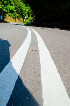 Empty road with reflectors in tropic forest. Penang island Malaysia