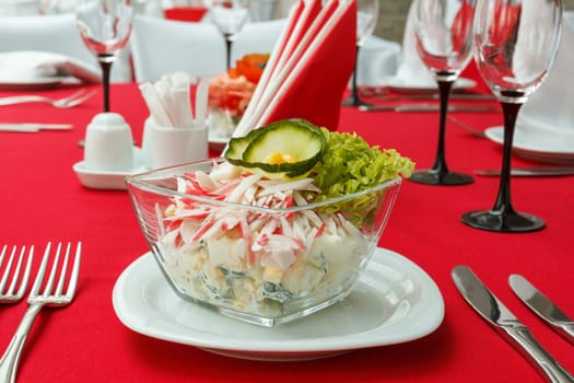 Salad with crab meat, corn and fresh vegetables