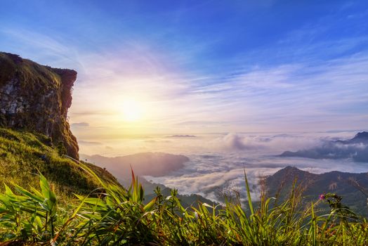 Beautiful landscape nature of sunrise on peak mountain with sun cloud fog and bright colors of sky in winter at Phu Chi Fa Forest Park is a famous tourist attraction of Chiang Rai Province, Thailand