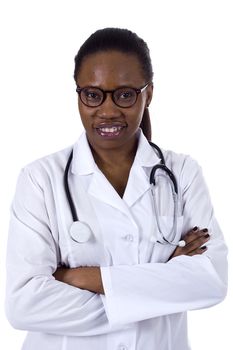 Black female doctor smiling over a white background