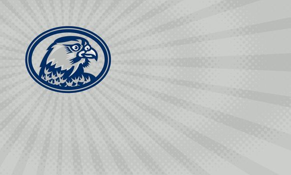 Business card showing Illustration of a falcon hawk eagle bird head looking to side set inside oval on isolated background done in retro style.



