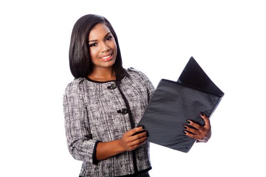 Beautiful happy smiling business woman holding portfolio binder, on white;