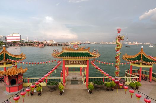 GEORGETOWN, MALAYSIA - MAY 29: closeup view of Hean Boo Thean Kuanyin Chinese Buddhist temple in Clan Jetties. Built on stilts over the harbor of George Town