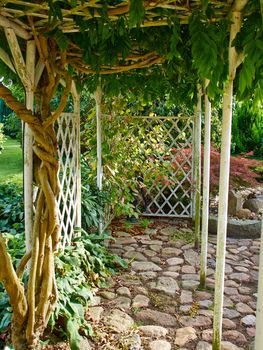  Wooden pergola gazebo in a beautiful blooming garden full of flowers and green plants         