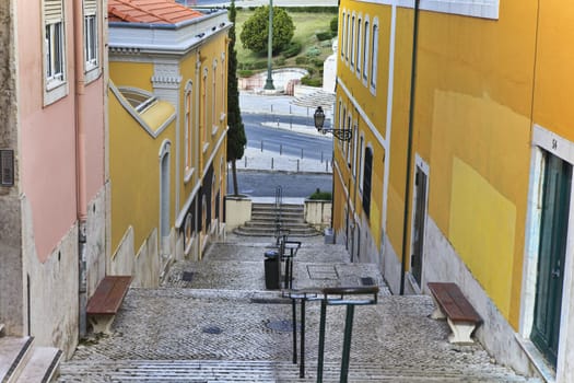 Old stairs in Lisbon  , antique monument in the city, tourism in Portugal