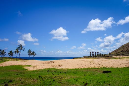 Anakena palm beach and Moais statues site ahu Nao Nao, easter island, Chile