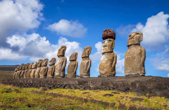 Moais statues, ahu Tongariki, easter island, Chile