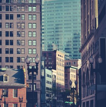 Retro Style Busy Crowded Downtown Street Scene In Boston, USA