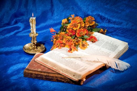 Candle, books and goose feather on fabric background