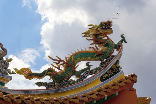 Mythical Dragon sculpture on Chinese Temple rooftop against cloudy sky