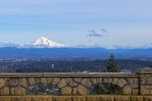 Mount Hood view on a sunny day from Rocky Butte in the city of Portland Oregon