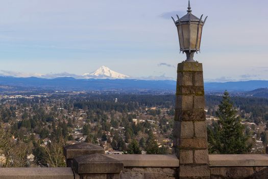Stone Lamp Post at Rocky Butte in Portland Oregon with Mount Hood view during a beautiful sunny day