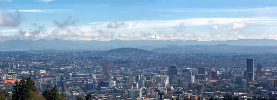 Portland Oregon downtown cityscape with Mt Hood on a beautiful sunny day scenic view panorama