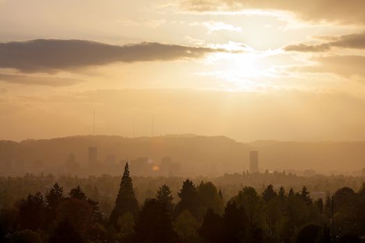 Golden sunset over the city of Portland Oregon skyline