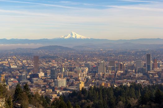 Mount Hood view with City of Portland Oregon downtown cityscape daytime view