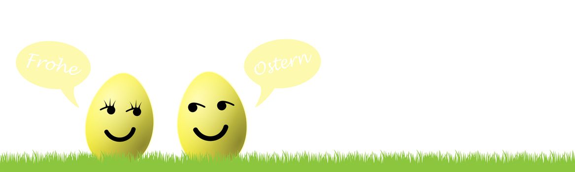 Grass and two easter eggs and speech bubble with the german words for happy easter