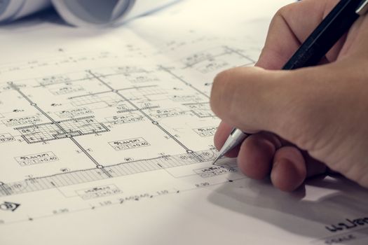 Engineering diagram blueprint paper drafting project sketch architectural,selective focus