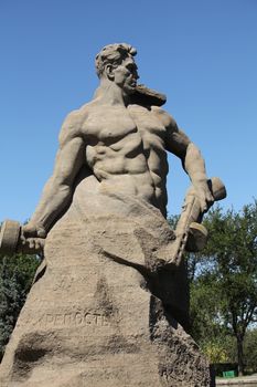 Volgograd Russia ,August 28, 2013 Figure of soldier symbol of fighters and defenders of Stalingrad. Stalingrad battle, Mamayev Kurgan.  