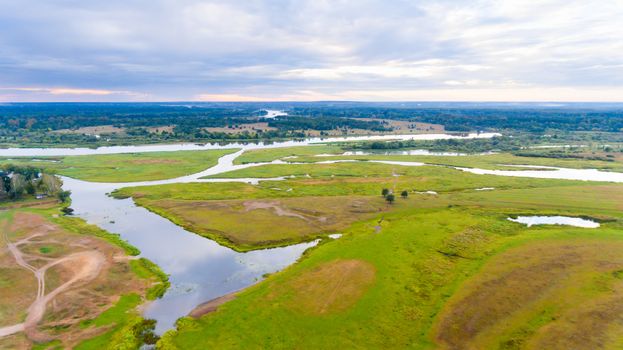 Drone aerial view landscape with lake and river photography