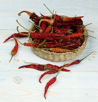 Arrangement of Dried Chili Peppers Full Body with Stems  and Seeds in Wicker Bowl closeup on Light Blue Wooden background