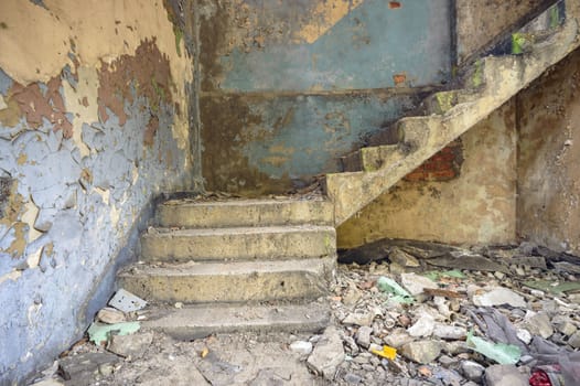 wide angle view of an old wall abandoned factory building