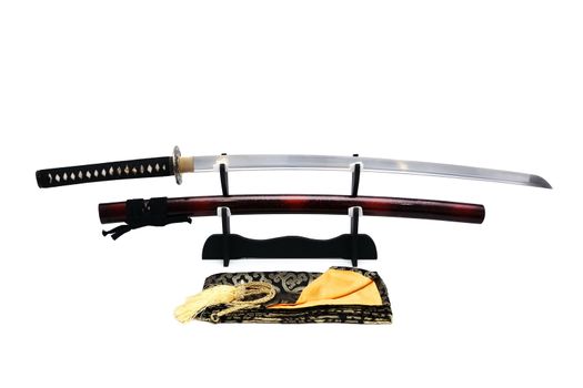 Japanese sword on stand with white background
