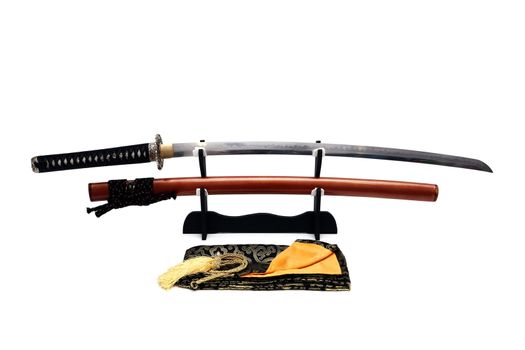 Japanese sword on stand with white background