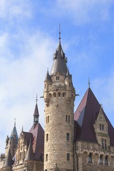 MOSZNA, POLAND - OCTOBER  07, 2016 : View on 17th century  Moszna Castle on a sunny day.It  is a historic castle and residence located in a small village , one of the best known monuments in the western part of Upper Silesia.