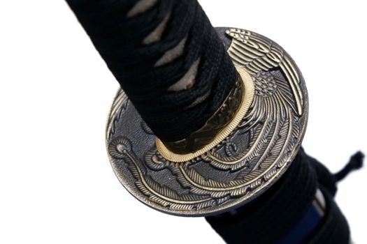 Tsuba : hand guard of Japanese sword with white background