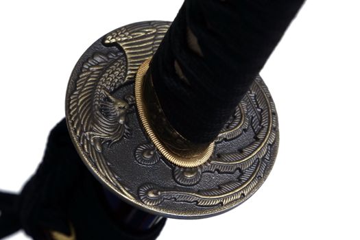 Tsuba : hand guard of Japanese sword with white background