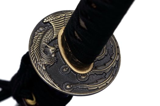 Tsuba : hand guard of Japanese sword with white background