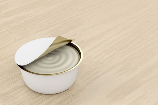 Can with cream cheese, butter or other food on wood background
