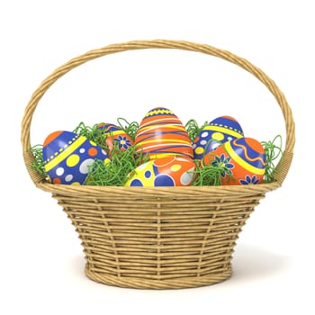 Easter basket full of decorated eggs with grass decoration. 3D render illustration isolated on white background