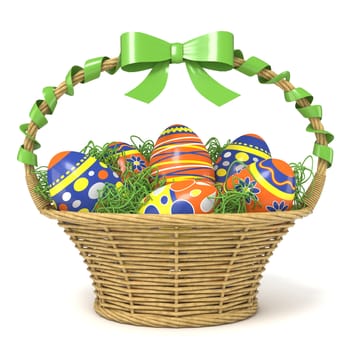 Easter basket full of decorated eggs with green ribbon bow. 3D render illustration isolated on white background