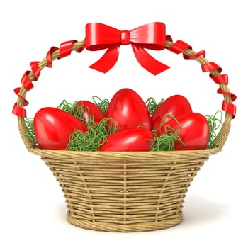 Easter basket full of red eggs with red ribbon bow. 3D render illustration isolated on white background