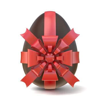 Chocolate Easter egg with red ribbon. 3D render illustration isolated on white background
