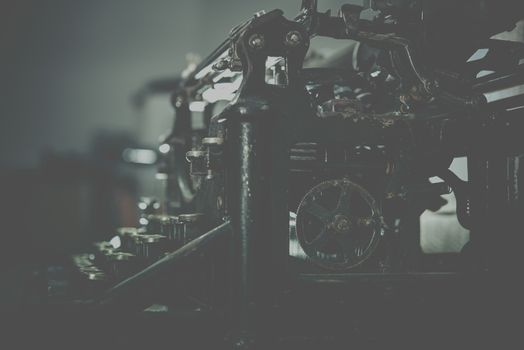 Aged Typewriting Machine Side View. Typewriter Photo Background.