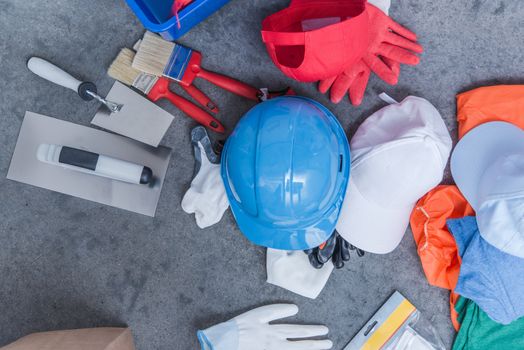 Construction Equipment and Tools. Safety Hard Hat, Gloves and Tools.
