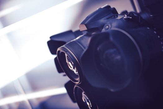 Digital Imaging Technogies. Digital Camera and Professional 35mm Lenses. Photography Concept.